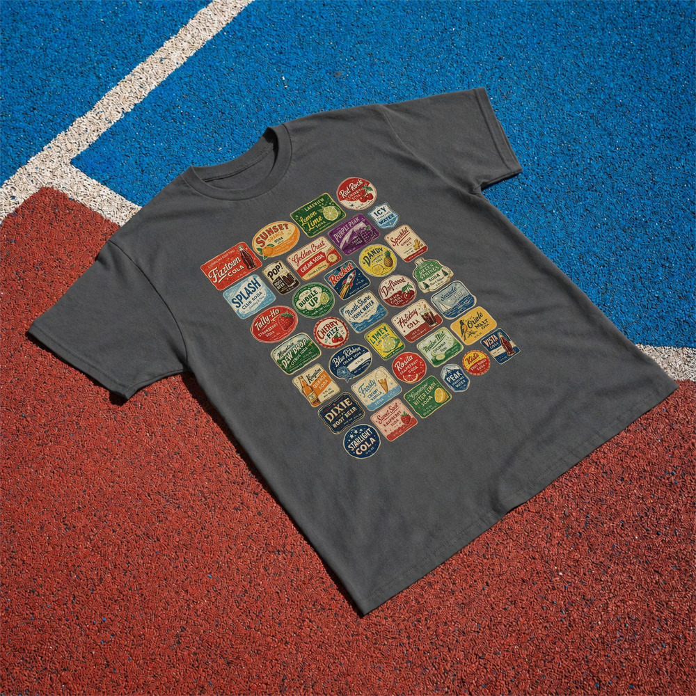 Retro Soda Labels T Shirt Charcoal